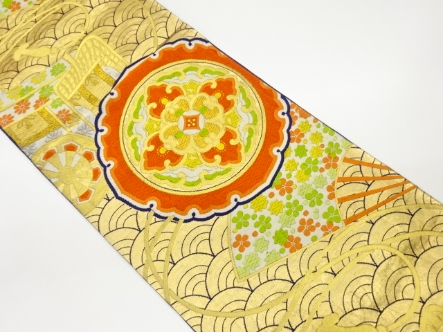 JAPANESE KIMONO / VINTAGE FUKURO OBI / WOVEN CARRIAGE & FOLDING FAN PATTERN